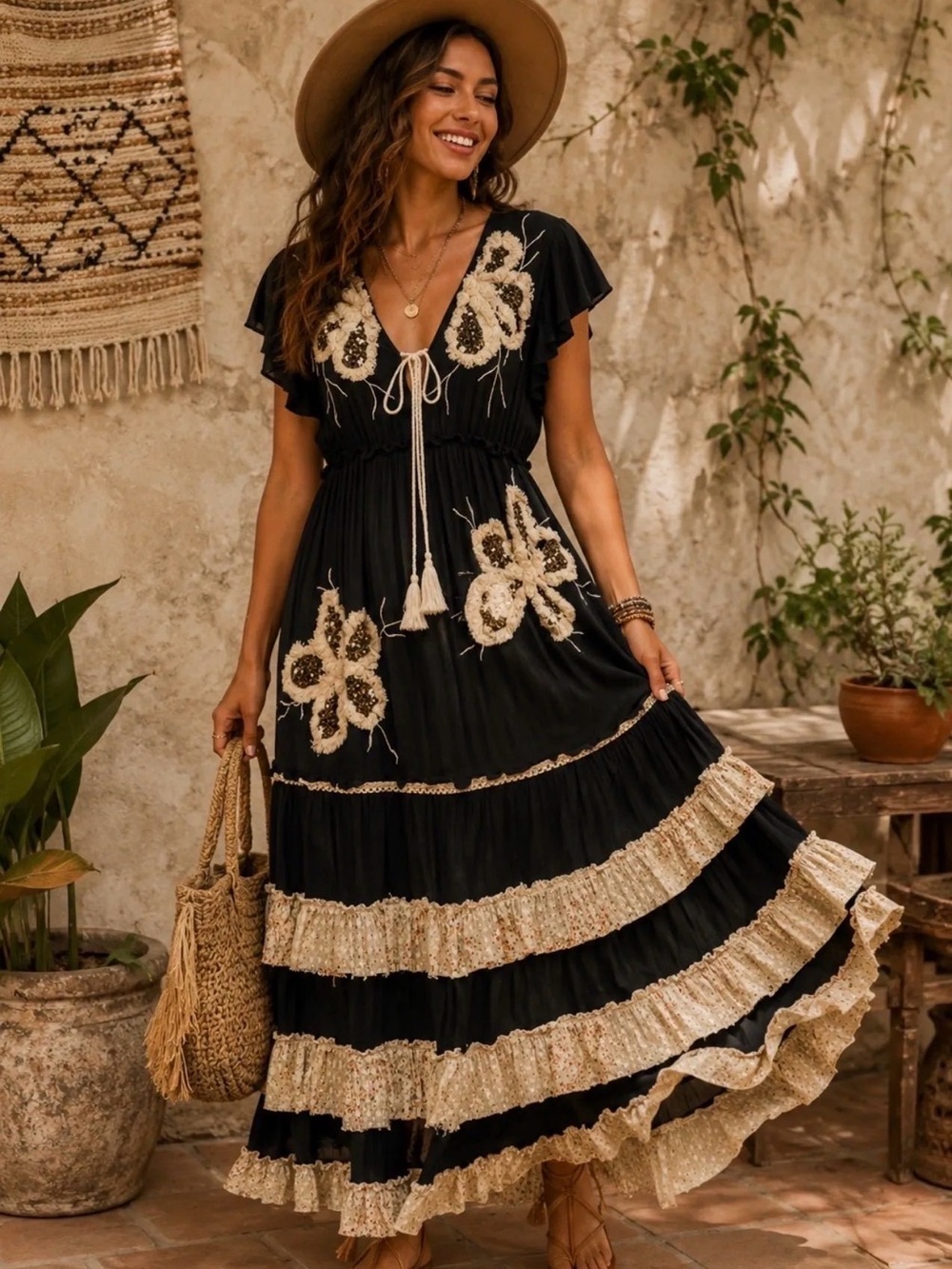 POL Black  Maxi Dress with Ivory Floral Embroidery - NWT